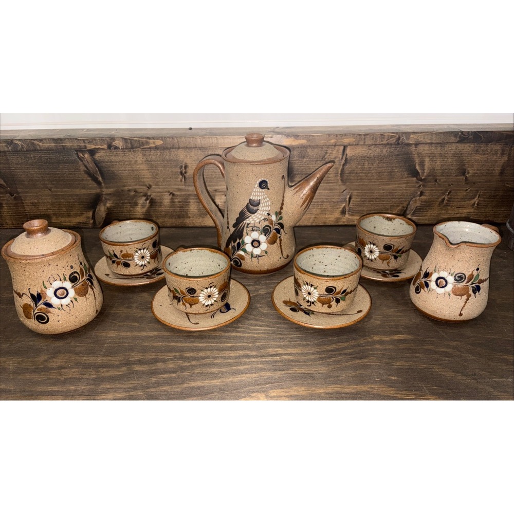 Mexico Tonala Pottery Coffee/Tea Set POT CUPS SAUCERS CREAMER & SUGAR